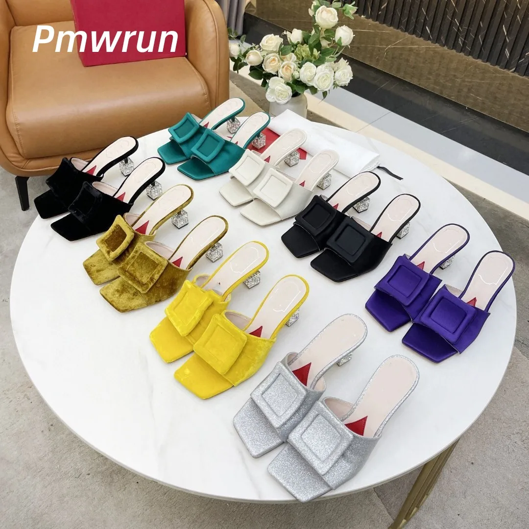 

2024 new square buckle Baotou slippers after hollowing out half drag outside to wear slippers high heels foreign trade shoes