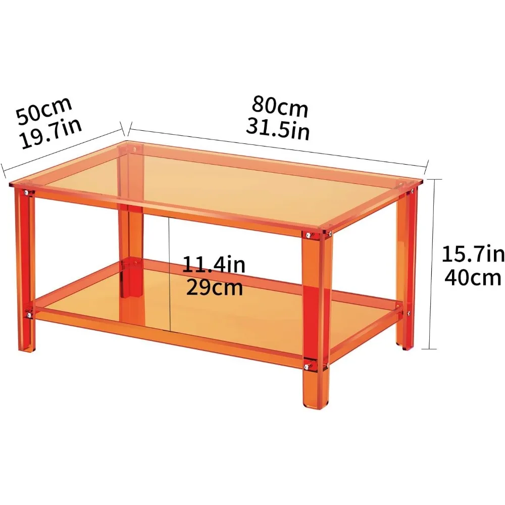 Rectangular Orange Acrylic Coffee Table with Storage Shelf for Living Room, Ideal for Small Spaces