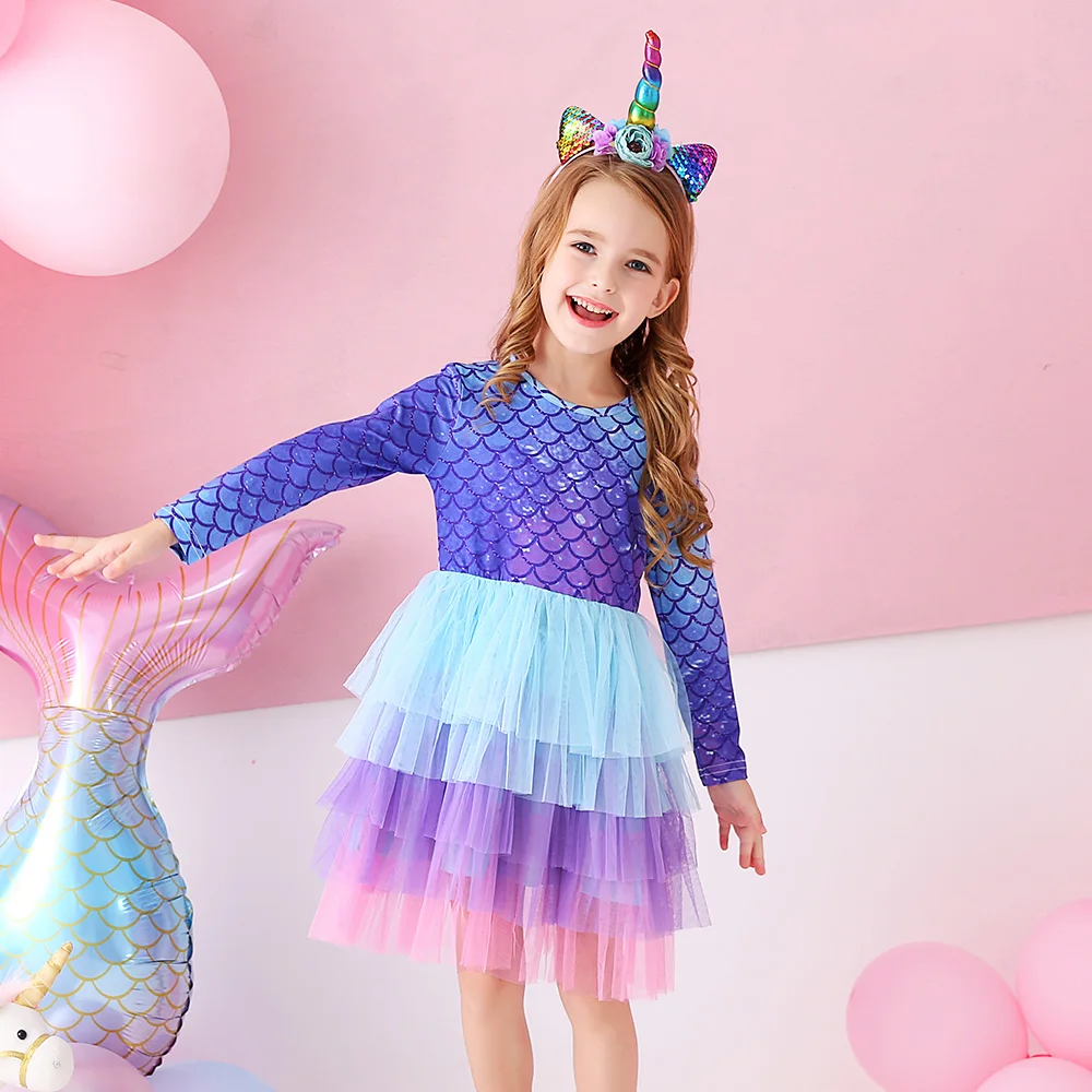 VIKITA Girls Mermaid Print Princess Dress Girl Cake Layered Performance Tutu Dresses Kids Long Sleeve Autumn Winter Party Dress