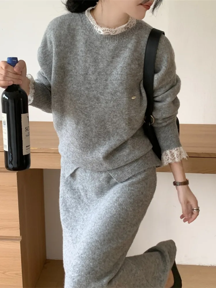 

Gray Lace Trim Knitted Sweater High Waist Slim Fit Half Skirt Long Skirt Two Piece Set Women's Fashion Autumn Winter New Style