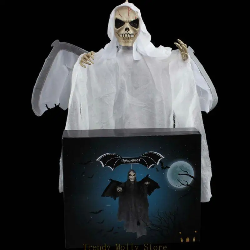 

N5KB Scary Hanging Electric Glowing Eyes Shake Bat Wings Creepy Sound Flying Skull Skeleton Death Halloween Decorations