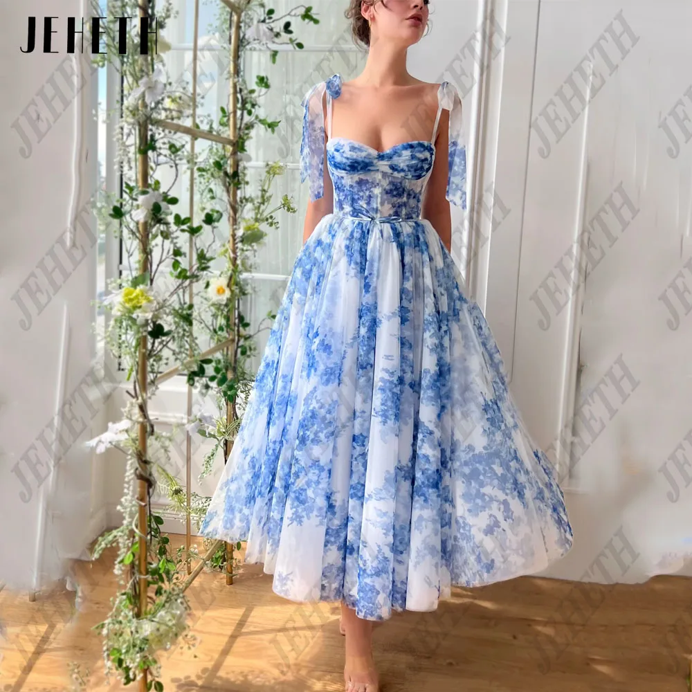 JEHETH Floral Print Prom Dresses 2024 Sweetheart Spaghetti Straps A-Line Lace Up Party Gown Tulle Ankle Length Vestidos De Festa