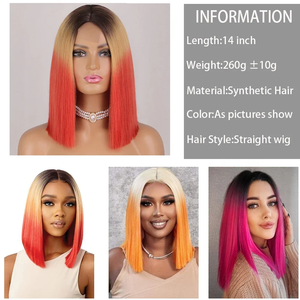 Ombre Ginger Bob Wig Short Straight Hair Wigs for Women Cosplay Party Synthetic Heat Resistant Fiber Middle Part Wig Daily Use