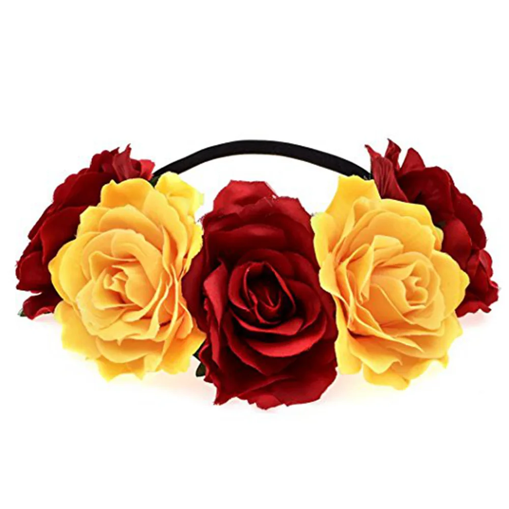 opaska kwiaty na wesele big rose flowers crown for women queen wedding bridal wreath girls garland elastic black purple red hair