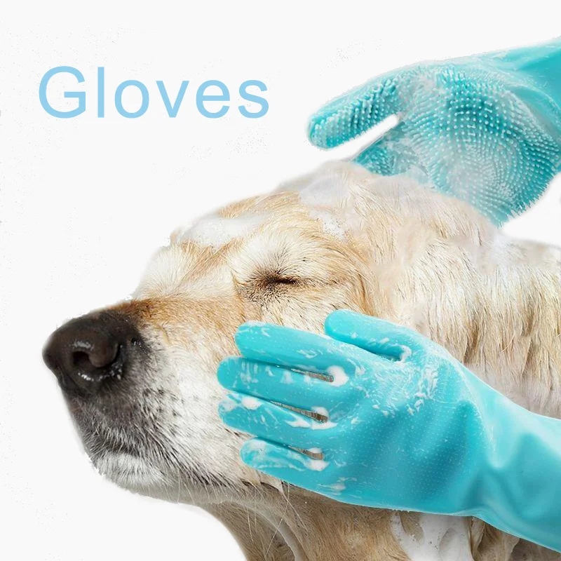 1pair silicone dog clean gloves pet bath massage soft glove wash tools