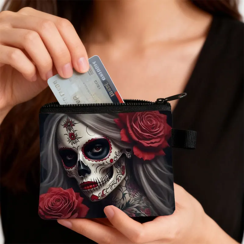 Mexiko Totenkopf Muster Geldbörse Blume Heiliger Tod Geldbörsen Kreditkarte Geldbeutel Santa Muerte Mini Beutel Kleine Aufbewahrungstaschen Geschenk – Detail 5