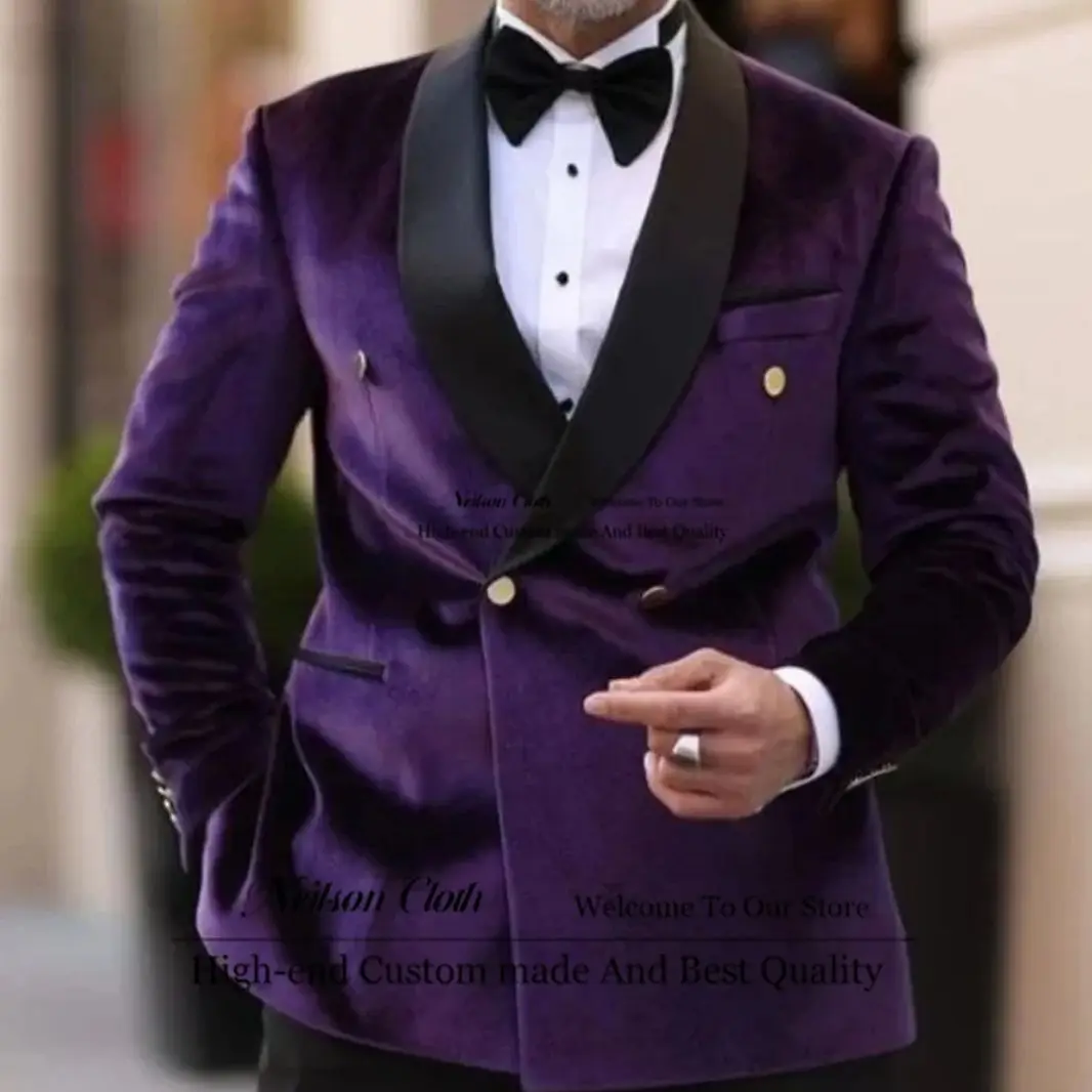 

Purple Men Suits Shawl Lapel Groomsmen Male Prom Blazers 2 Pcs Sets Groom Wedding Tuxedos Slim Fit Double Breasted Costume Homme