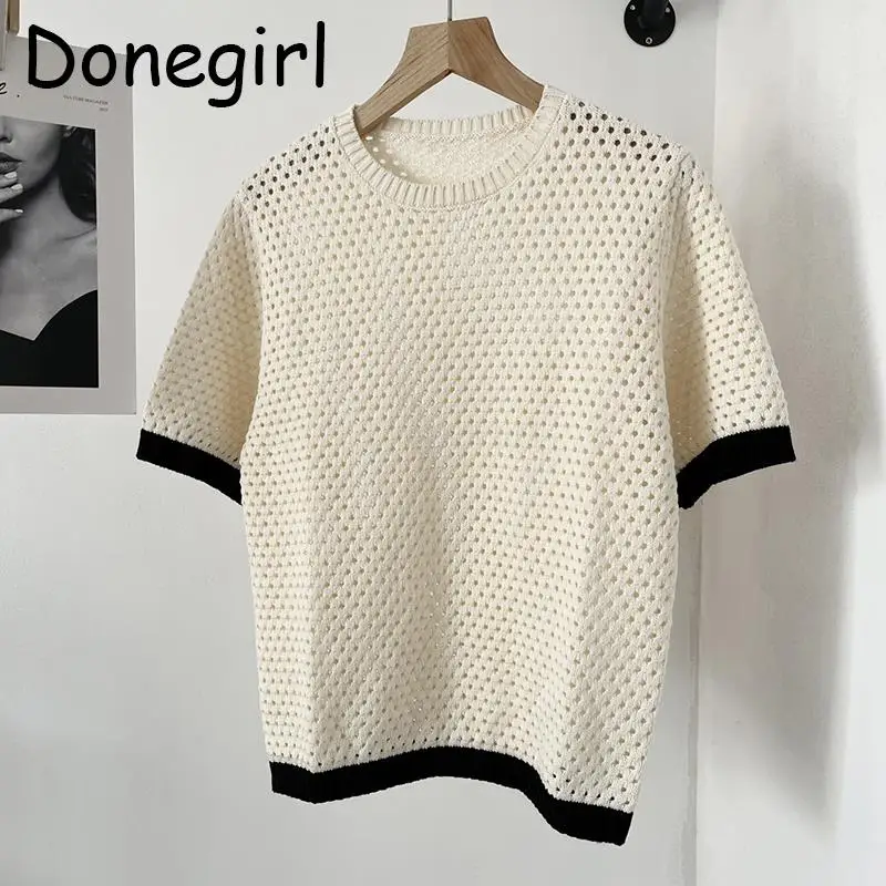 Donegirl New 2023 Women Summer Short Sleeve Knitted Hollow Sweater Short T-shirt Pullovers Casual Simple Tops Female Tees Chic