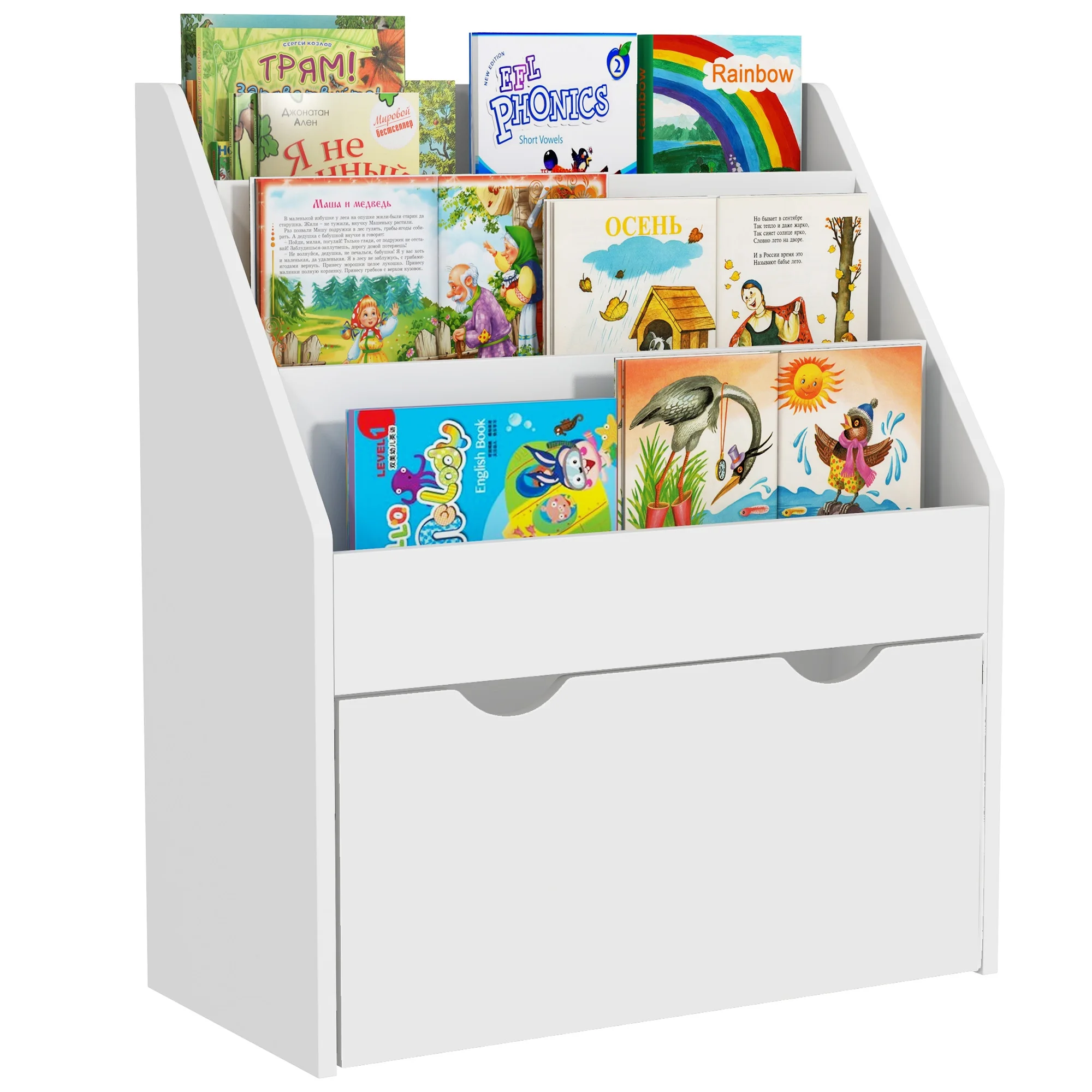 Libreria Multifunzione per Bambini Aiyaplay con 3 Ripiani e un Cassetto, 62,5L X 30L X 70H Cm, Bianca