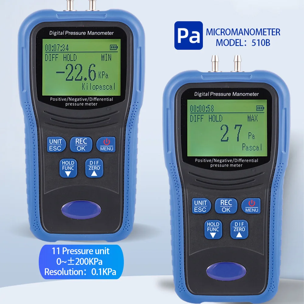 TM510B Digital Micro Differential Pressure Manometer HVAC Air Static Pressure Tester ±10KPa Data Logger 50 Records