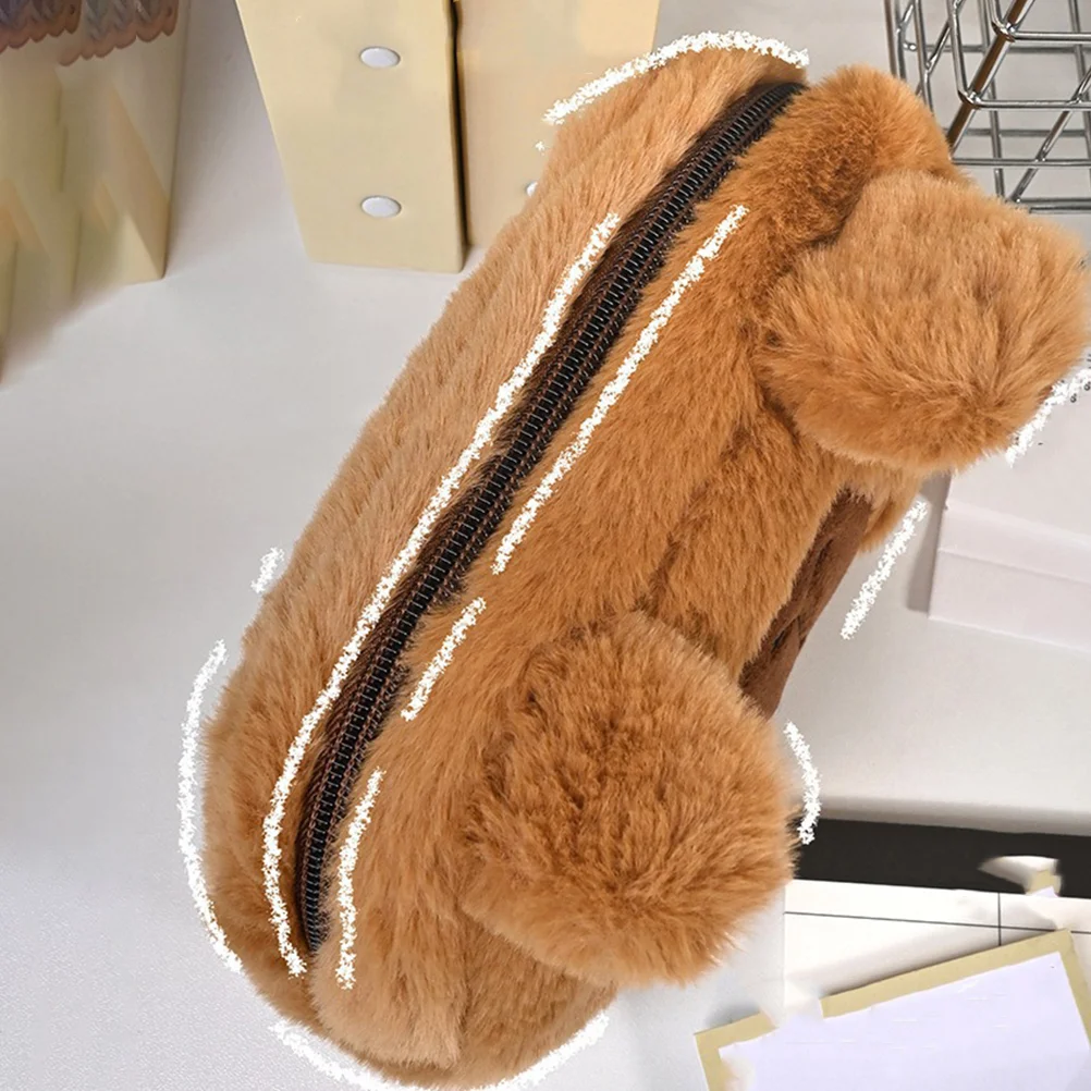 Cute Pencil Case Cartoon Travel Makeup Bag Stationery Plush Multi-function Pouch Brown