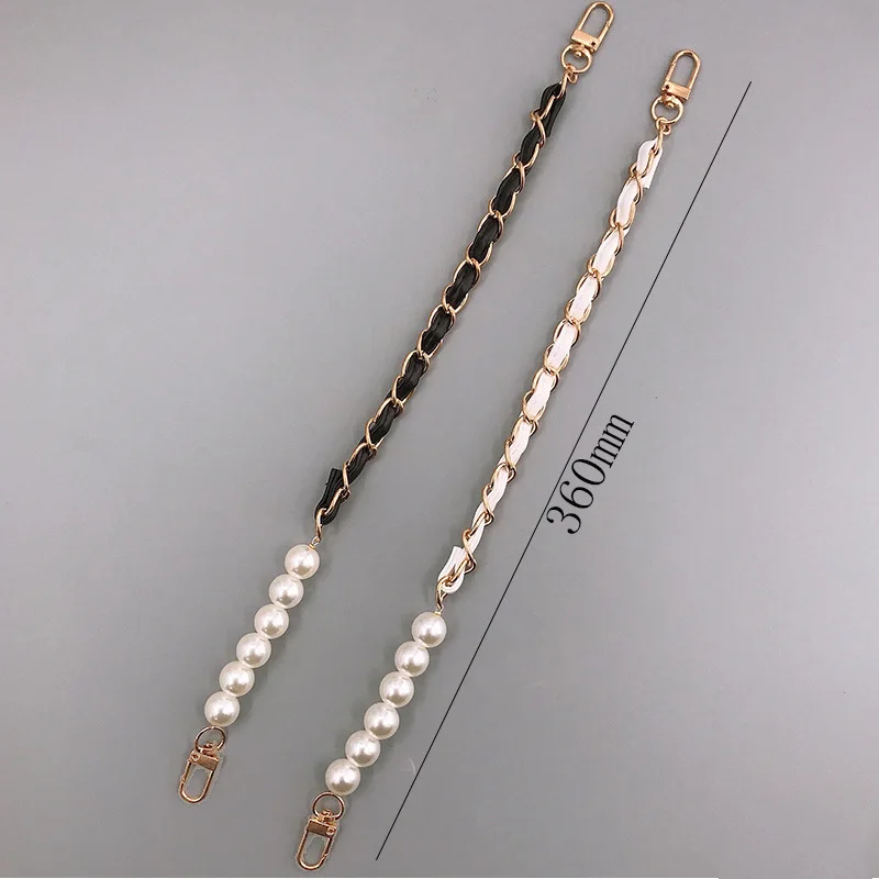 New Pearl & Metal Bag Strap Pu Leather Crossbody Bag Belts Diy Purse Replacement Handles Cute Bead Chain For Women Gold Clasp