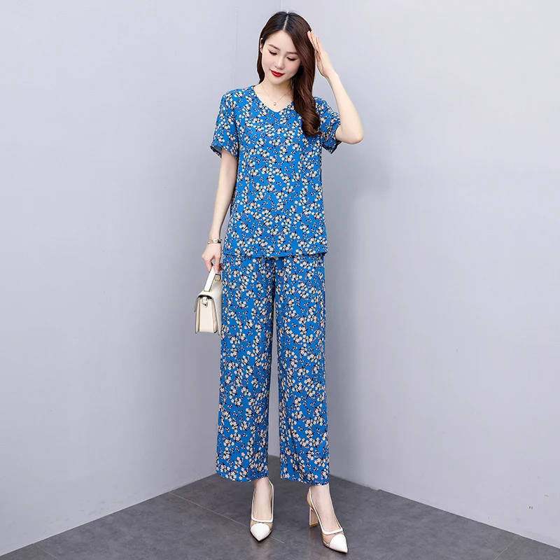 Women Pant Sets 2023 New Casual Summer 2 Piece Sets Women Outfit Elegant Loose Wide Leg Pants and Short Sleeve Blouse