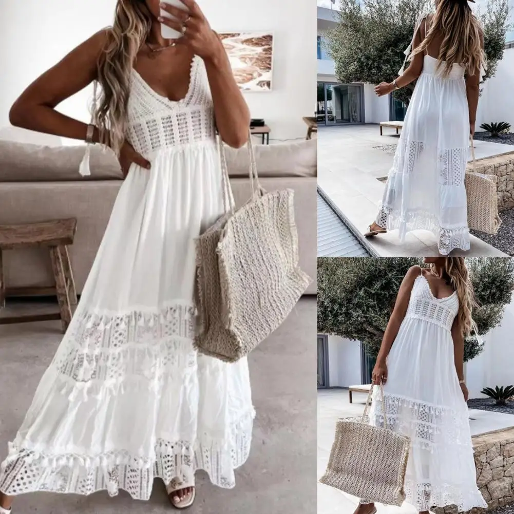 Dress Sexy Women Sleeveless Lace Flowers Solid Color Comfortable Long Maxi Dress Maxi Dress Female Clothing Dress Lady Vestidos