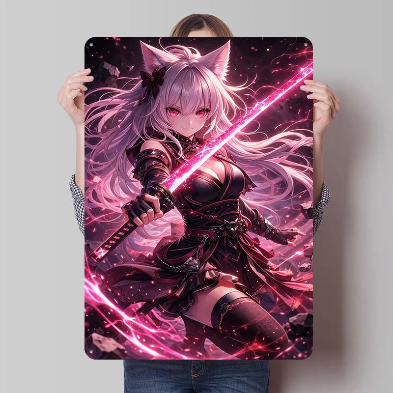 Cat Girl Warrior With Glowing Sword Metal Poster Custom Wall Art Retro Vintage Tinplate Signs for Man Cave Bedroom Decoration