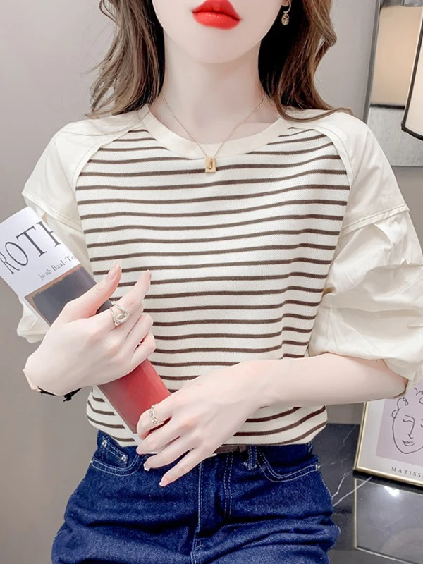 

Fashionable Striped Splice Short Sleeve T-Shirt Women's Summer New Style Youthful Design Slimming Top Korean Loose Fit High W...