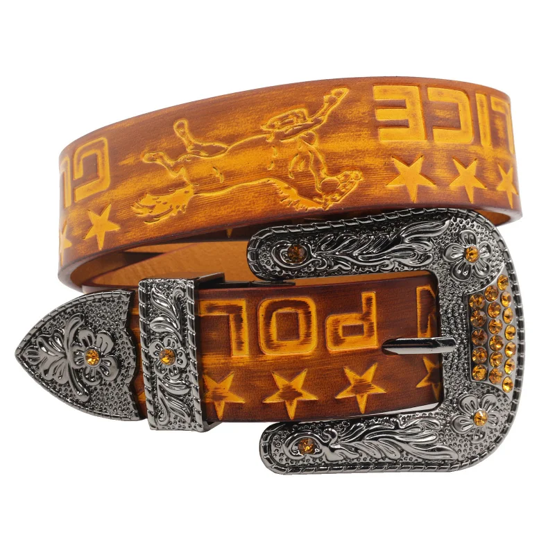 Western Five Stars Horse Embossed Leather Rhinestone Alloy Pin Buckle Men Belt