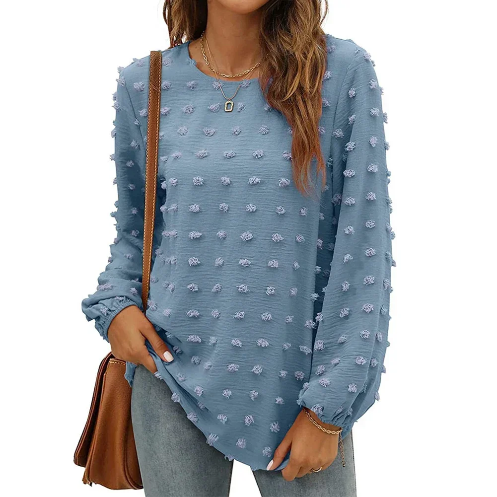 Women Chiffon Blouses Long Sleeve Crewneck Top Dressy Casual Loose Pompom Shirts