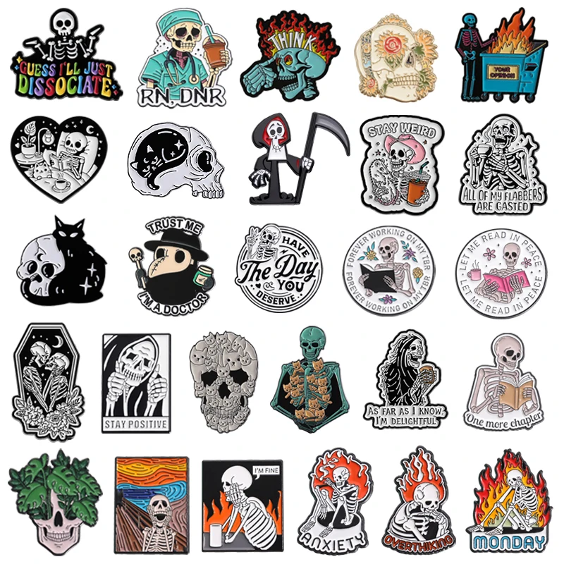 Alfileres esmaltados de calavera gótica, broches de libro de lectura de esqueleto que se mantienen extraños, insignia de solapa, regalos de joyería de Halloween para amigos