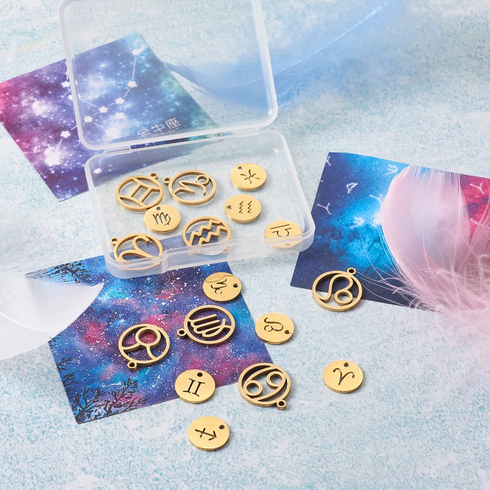 24Pcs Gold Color Flat Round Twelve Constellations Sign Charms Horoscope Astro Pendant DIY Jewelry Making Accessories