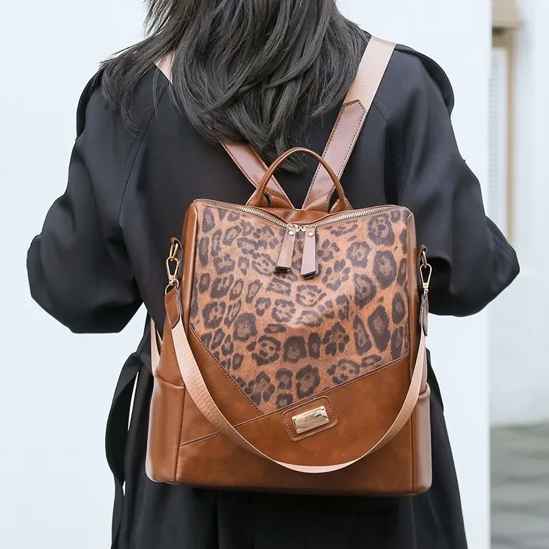 Luxury Vintage Fashion Leopard Print Patchwork PU Leather Women Shoulders Backpack Bag Lady Dating Satchels Packsack Travels Bag