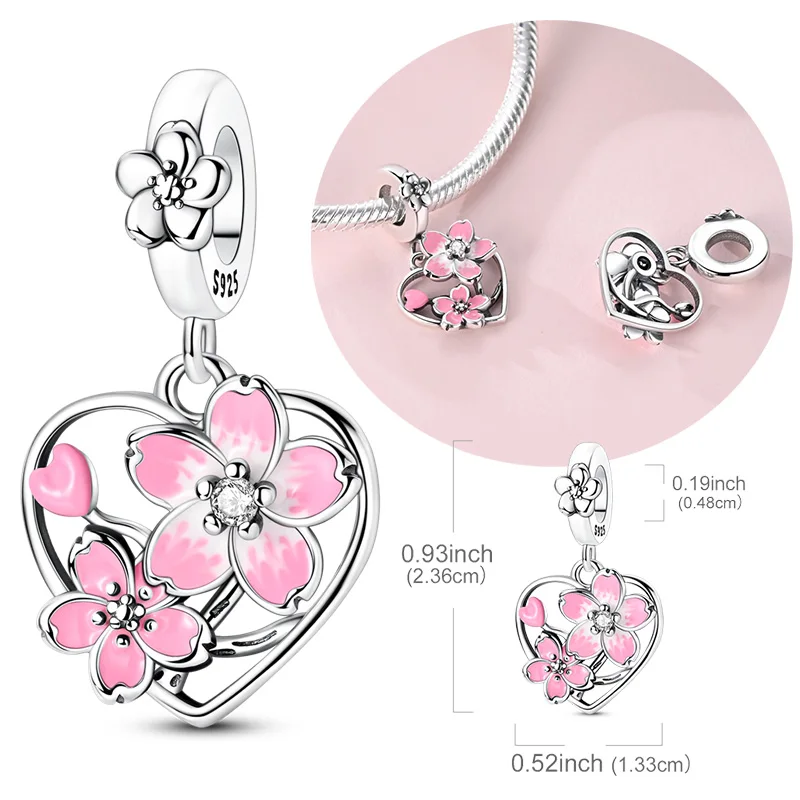 Original 925 Sterling Silver Charm Bead Rotatable Pink Sakura Pendant For Women Fit Original Bracelets Necklace DIY Accessories