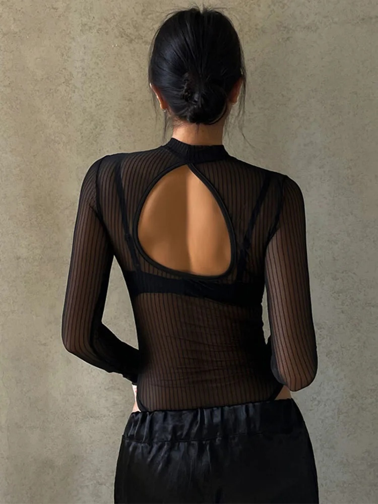 Melihat melalui Bodysuit Backless berongga transparan klub jumpsuit wanita Solid hitam Tee musim panas elegan seksi Streetwear