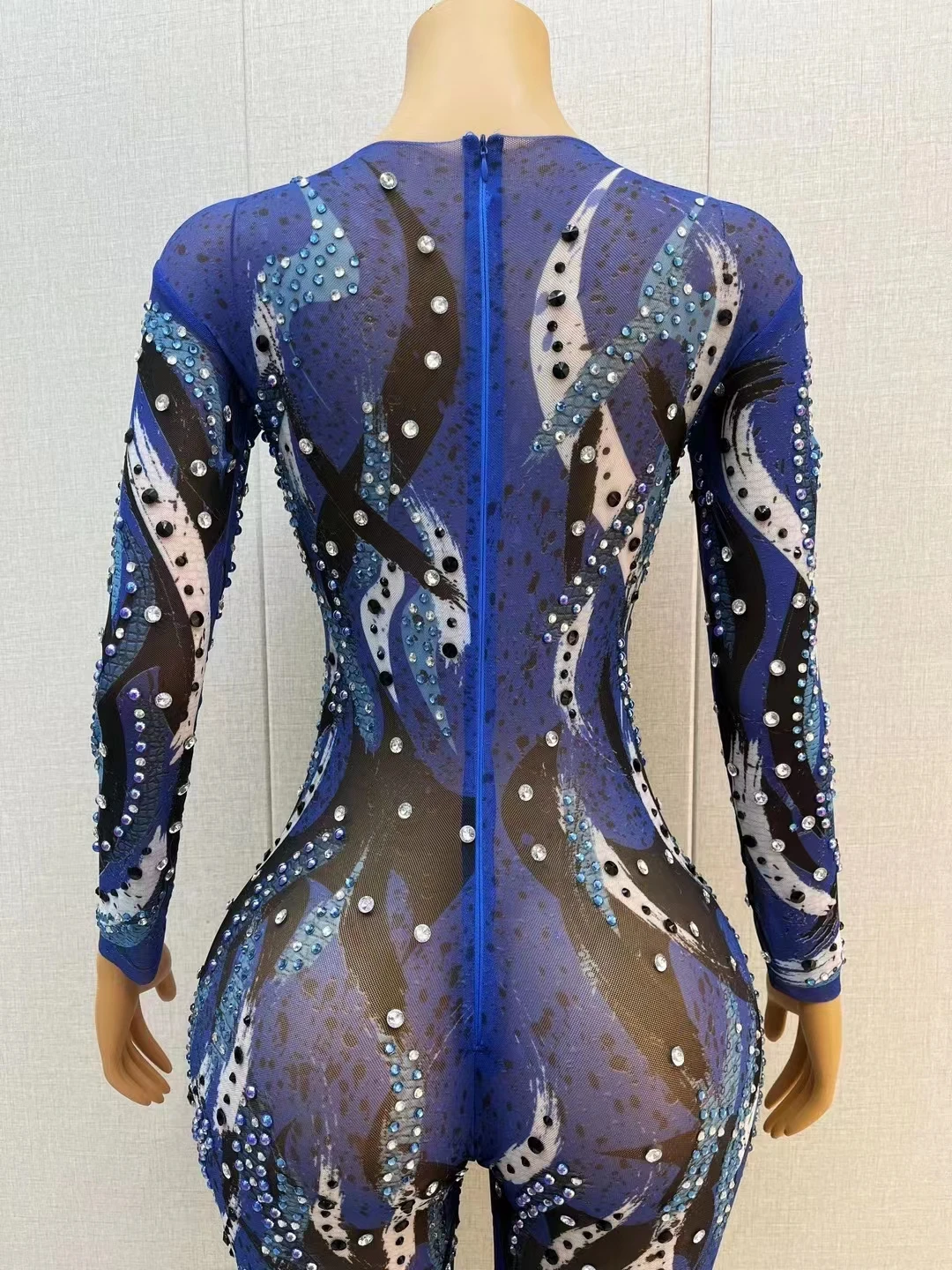 Print Low Cut Transparent Tight Jumpsuit Shiny Rhinestone Club Party Sexy Outfit Singer Stage Wear Nightclub Performance Costume