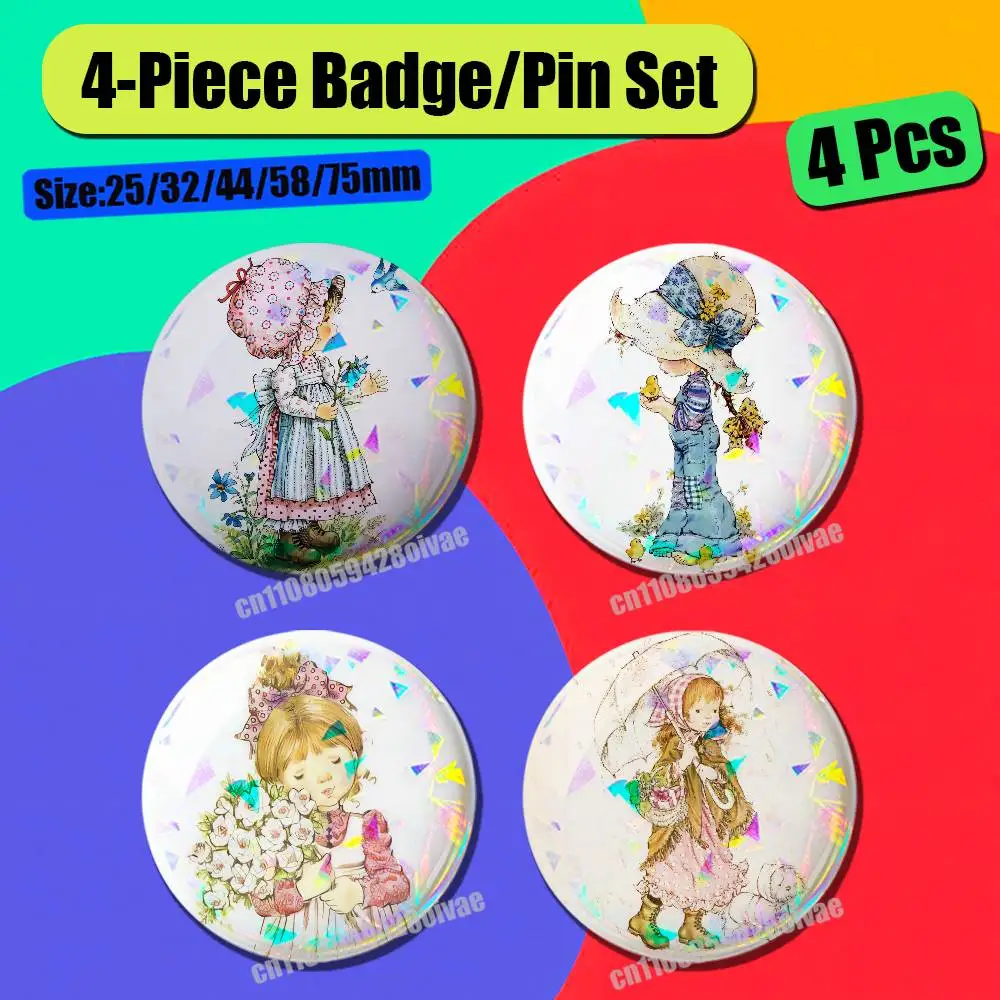 For Sarah Kay Girl Badge Pin Insignia 4 Pcs Set Round Button Emblem Laser Film Cosplay 25mm Custom