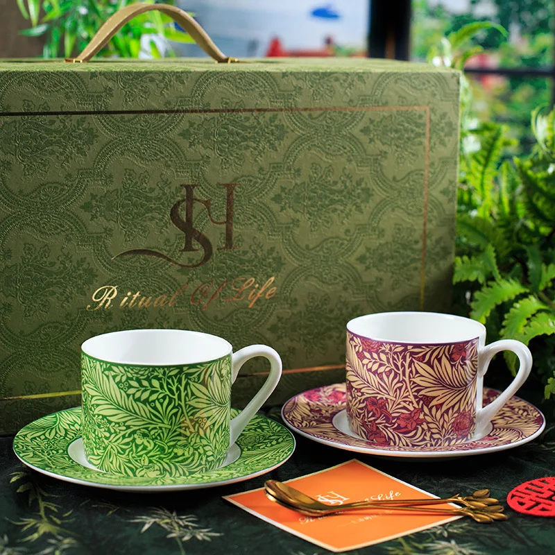 Medieval Style Bone China Cup Set, Botanical Print Couple Mugs & Saucers, Vintage Coffee Tea Set, Luxury Gift Box Set