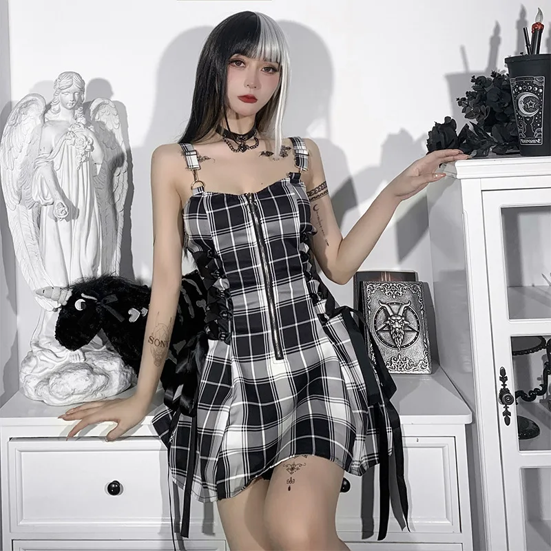 Y2K Elegant Black Plaid Party Dress for Women Harajuku Bandage A-Line Backless Short Dresses Streetwear Fashion Mini Dresses