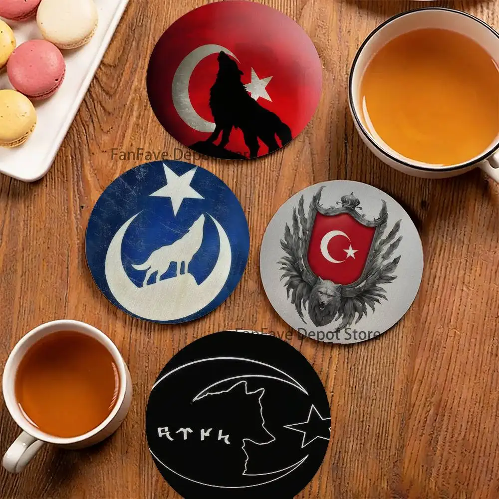 

Turk Wolf Turkey Flag 2D Pattern round Wooden Coaster Decorative Coffee Cup for Use in Coffee Shops Bars Wine Beer