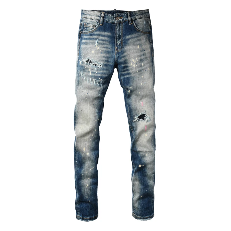 

Y2K Street Designer Fashion Men Jeans Retro Blue Stretch Slim Fit Painted Ripped Jeans Men Brand Vintage Denim Pants Hombre