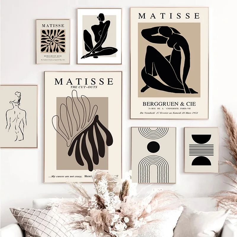 Abstrakte Matisse Körperlinien-Poster Blatt Boho Schwarz Beige Leinwandgemälde Wandkunstdruck Bild Wohnzimmer Inneneinrichtung Heimdekoration