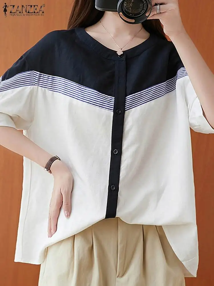 Summer Striped Tops ZANZEA Women Elegant Short Sleeve Patchwork Blouse Stylish OL Work Shirt Casual Loose Holdiay Blusas Tunic