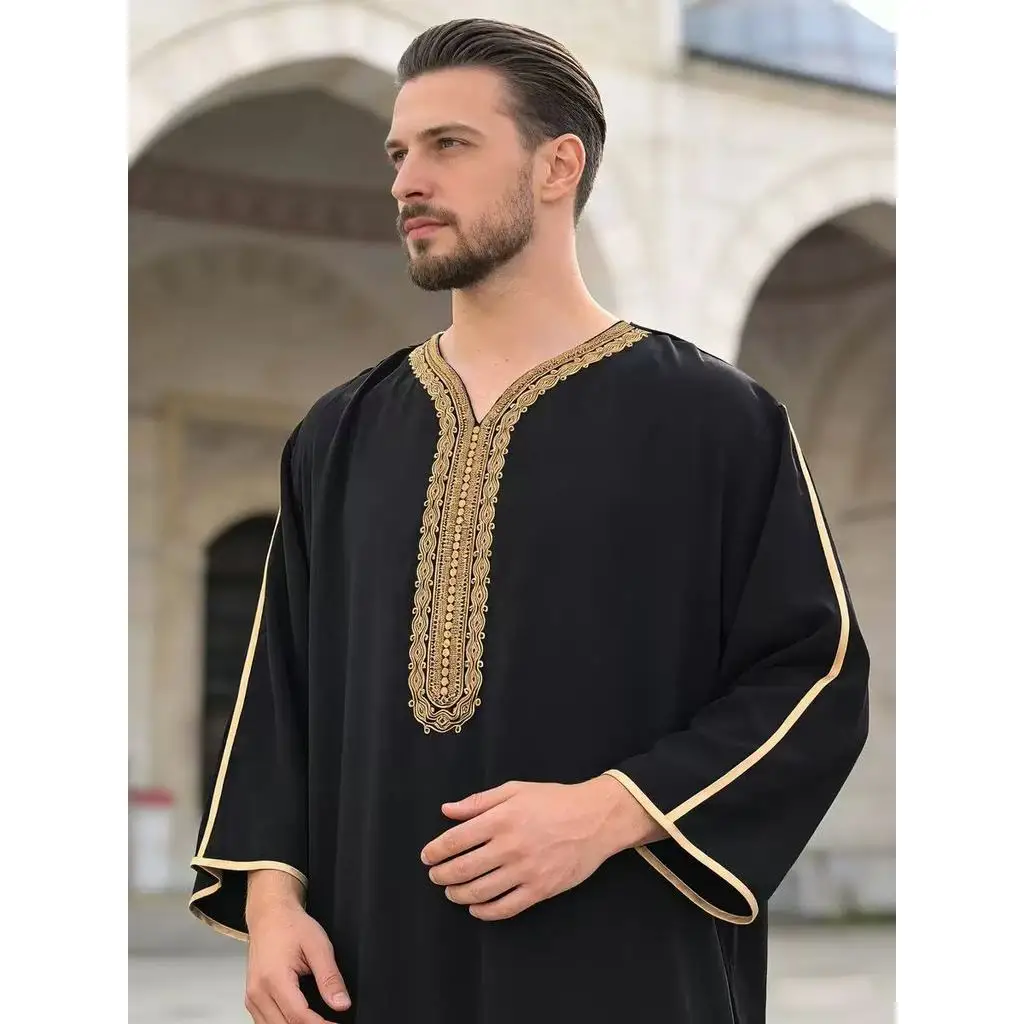 Moroccan Embroidery Middle Eastern Muslim Robe Men's Long Side Pocket Sleeve Robe for Daily Occasion Wearing Side Pocket