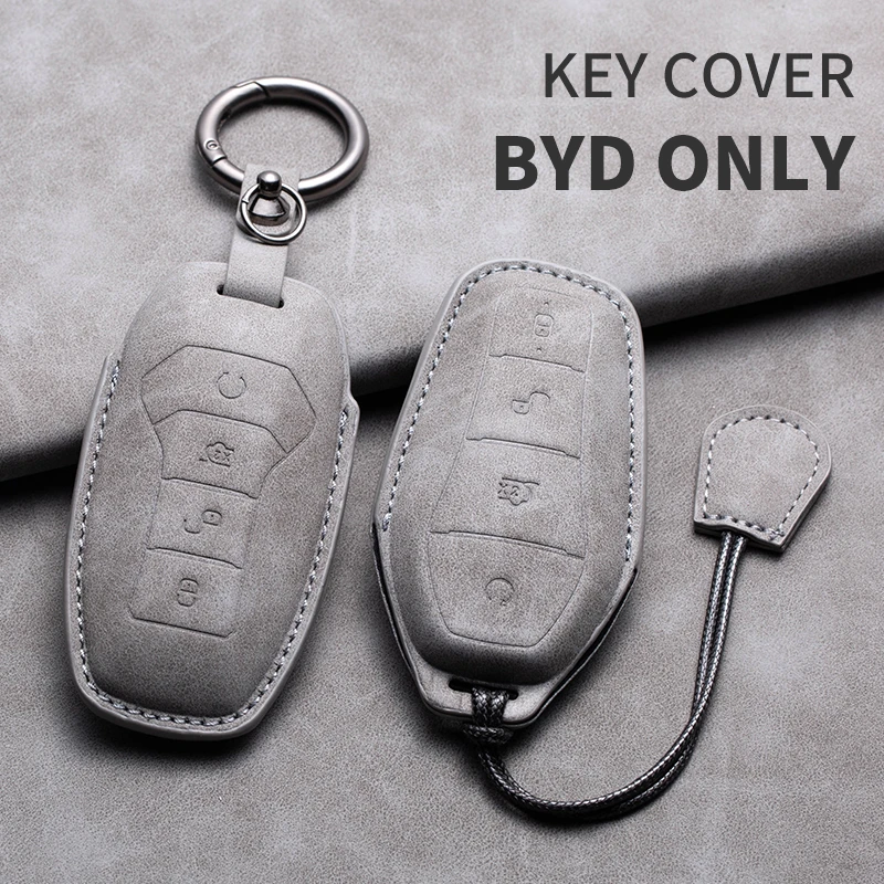

For BYD Atto 3 Han EV Dolphin 4 Buttons Remote Control Leather Car Key Cover Case Shell Protector Bag Keychain Car Accessories