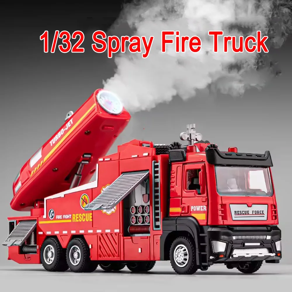 

1/32 Scale Spray Fire Truck Car Model Toys Alloy Diecast Engineering Vehicle Door Opened Sound Light Pull Back Toy Gift for Kids