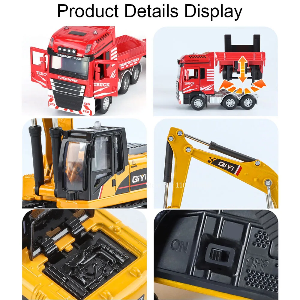 1:48 Flatbed Truck Mounted Excavator Toys Cars Miniature Models Alloy Diecast with Light Music Engineering Car Child Adult Gifts