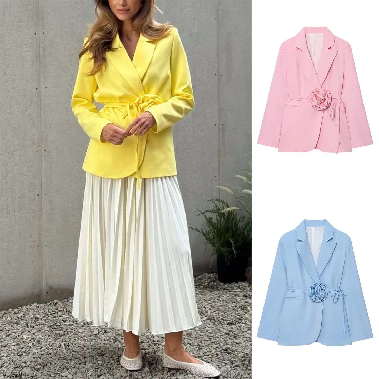 

Spring New Arrival Women's Commuter Style Long Sleeve Knot Tie Flower Decorated Suit Jacket Polyester Fiber Regular...