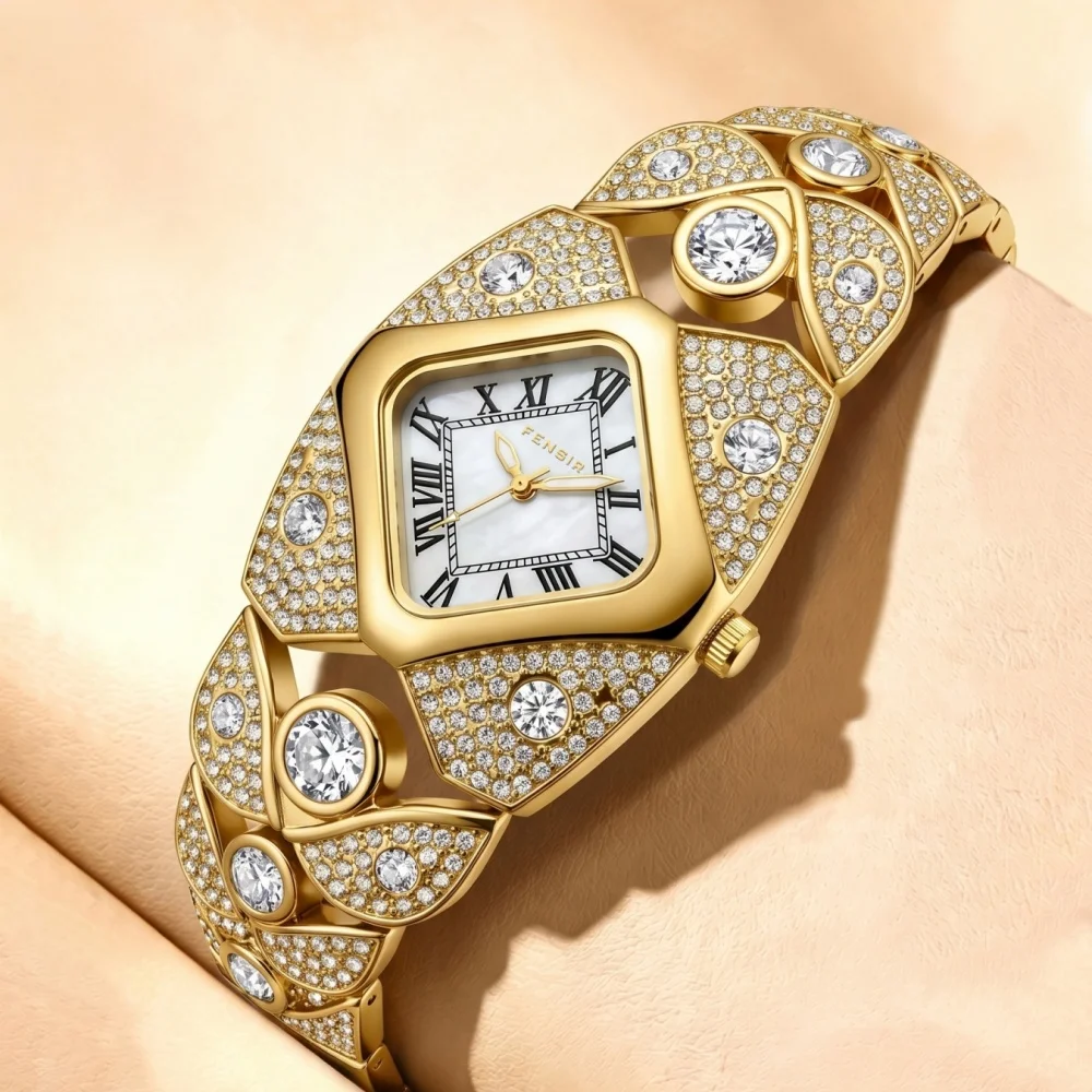 Luxurious Women's Quartz Watch with Roman Numeral Dial, Diamond-Encrusted Strap, Lightweight Luxury Waterproof Women's Watch, High-End Elegant Gift for Women