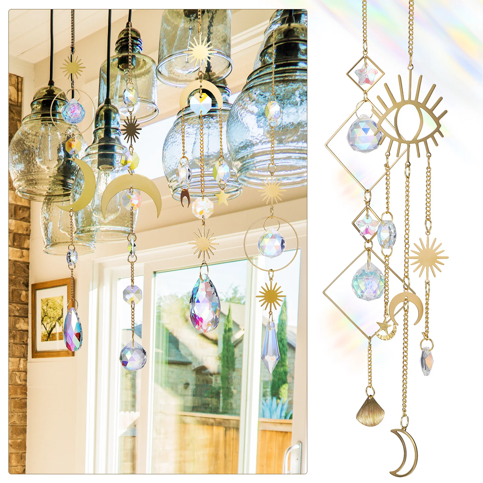 

7Pcs Crystal Sun Catcher Wind Chime Hanging Decoration for Home Garden Window with Star Moon Ornament Sun Catcher