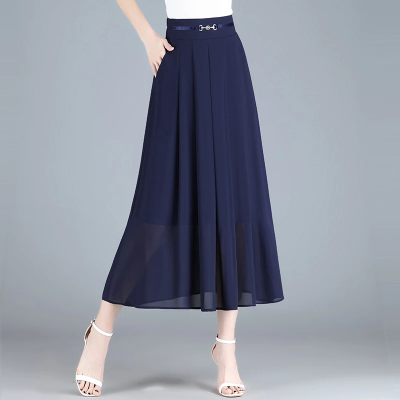 ZUZK New Summer Mid-length Chiffon Skirts Elastic High Waist Fashion Temperament Chiffon Skirt Cool Droop Skirt Mom Skirt Jupe 