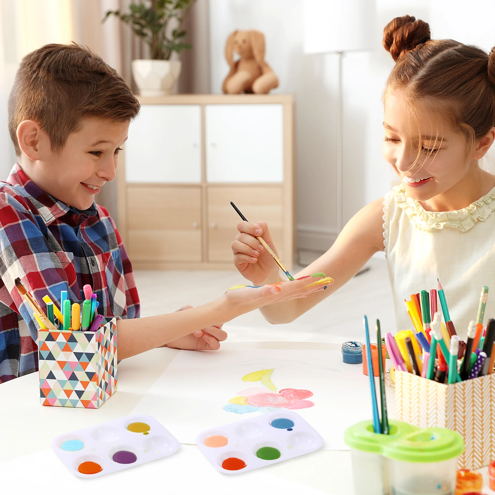 12Pcs Plastic Painting Palette 6-Compartment Rectangular Tray Smooth Surface for Art Lessons Kids Crafts Travel Friendly