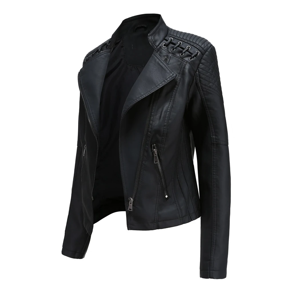 Women Motorcycle Jacket PU Leather Chaqueta Moto Casual Motocross Riding Jacket Standing Neck Zipper Casual Slim Fitting Jacket