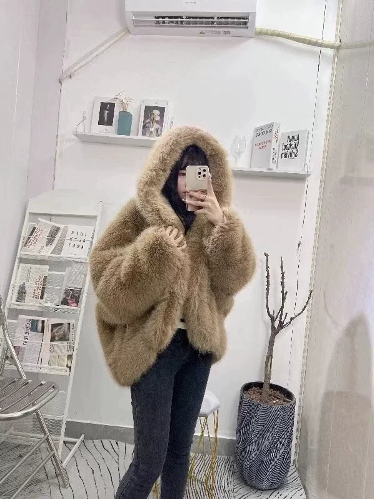 Wintermode namaakbont bovenkleding Trendy pluche pluizig los zacht prachtig feest energiek kleurrijk hiphop schattig bovenkleding met capuchon