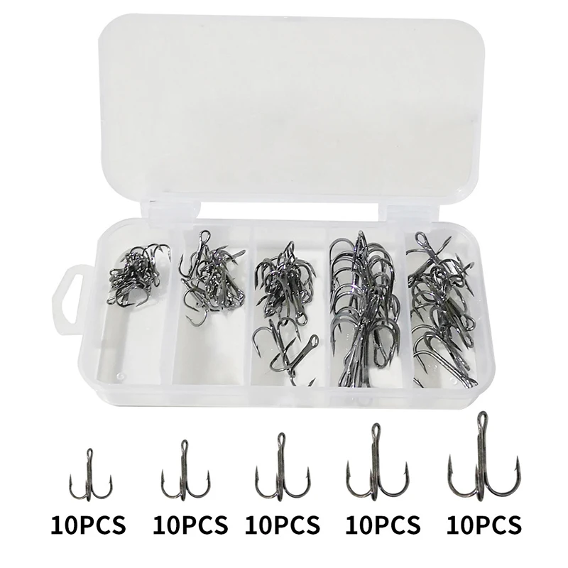 

50Pcs/box Black Fishing Hook High Carbon Steel Treble Overturned Hooks Fishing Tackle Round Bend Treble Bait for Bass