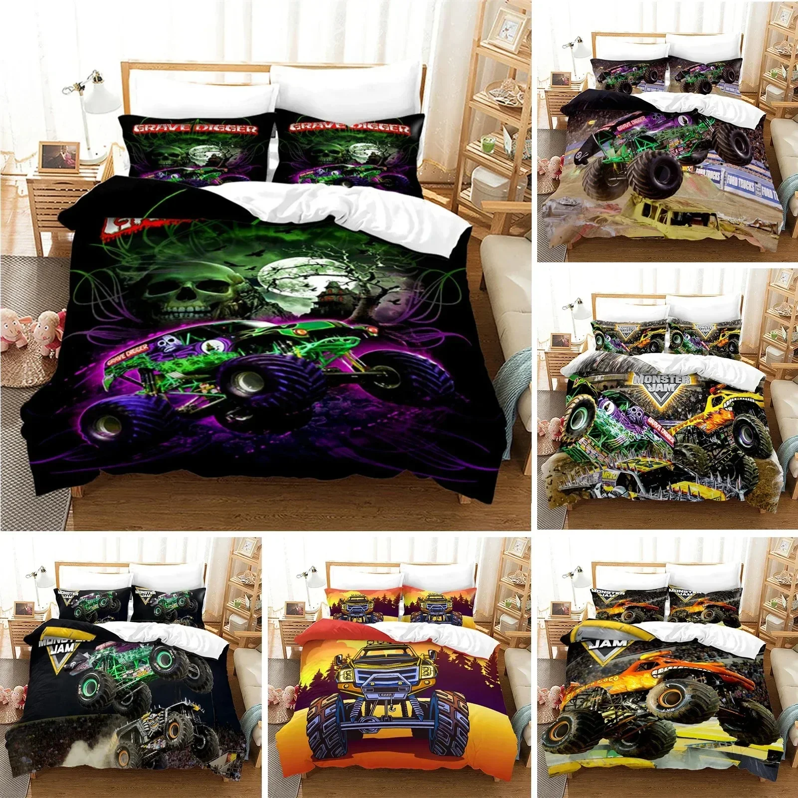 Exquisite Boys Cars Duvet Cover Cartoon Monster Truck Cool Vehicle Bedding Set Off Road Vehicle Locomotive Comforter Cover King