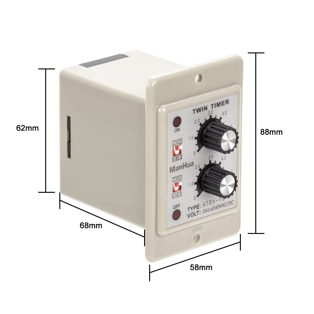 ManHua On Off Twin Timer Relay Knob Control Time Switch ATDV 6S-60M Relay Board 24 to 240VAC/DC Electrical Access