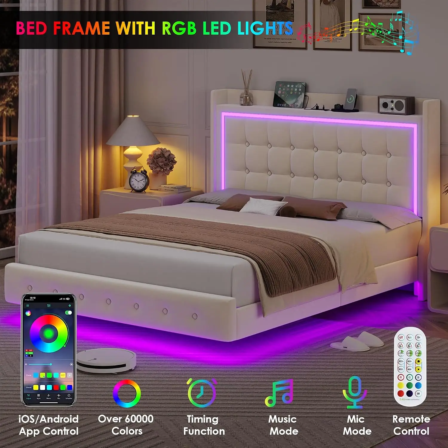 Queen Bed Frame with Storage Headboard & LED Lights, Velvet Platform with USB & Type-C Ports, Easy Assembly, Beige, Customized
